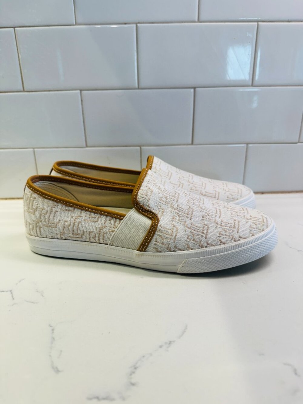Lauren Ralph Lauren Jinny Loafer Sneakers Womens 6.5 Cream Tan Cotton Leather Cr